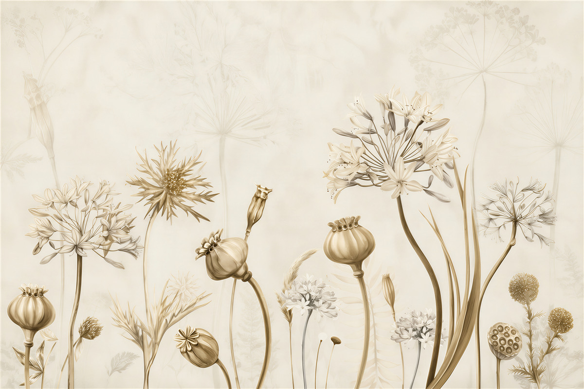 Fotobehang delicate veldbloemen en klaprozen op een lichte achtergrond