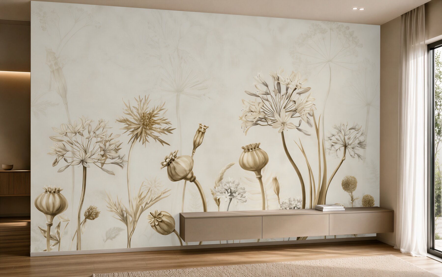Fotobehang delicate veldbloemen en klaprozen op een lichte achtergrond