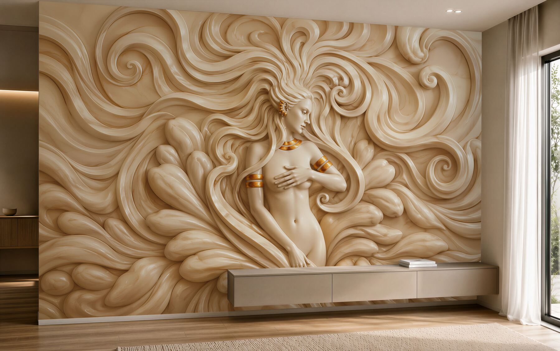 Fotobehang sensuele vrouw in elegante beige abstractie