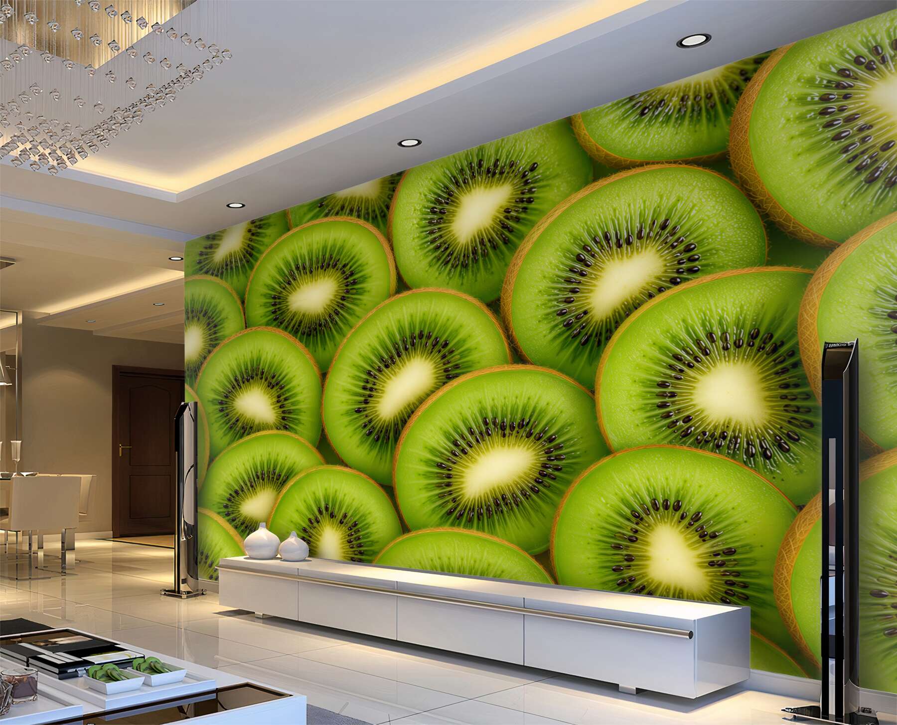 Fotobehang sappige kiwi's en groene bladeren voor de keuken