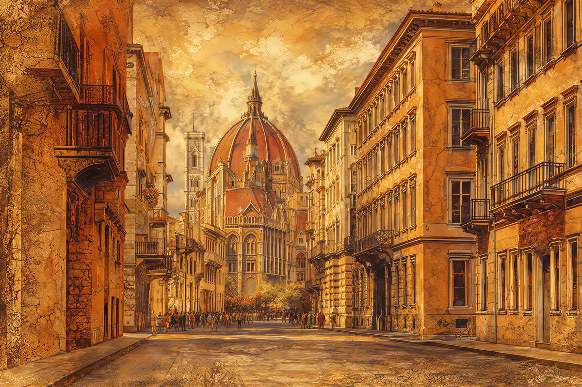 Fotobehang straat van Florence met kathedraal in warme beige tinten