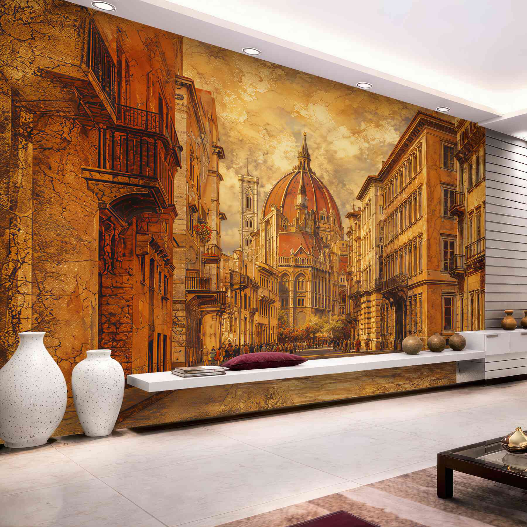 Fotobehang straat van Florence met kathedraal in warme beige tinten