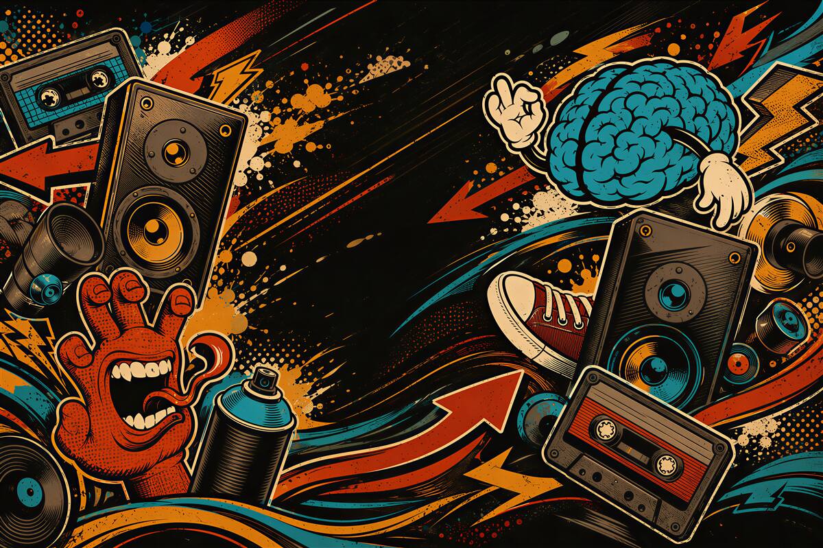 Fotobehang muzikale collage street art met luidsprekers en graffiti