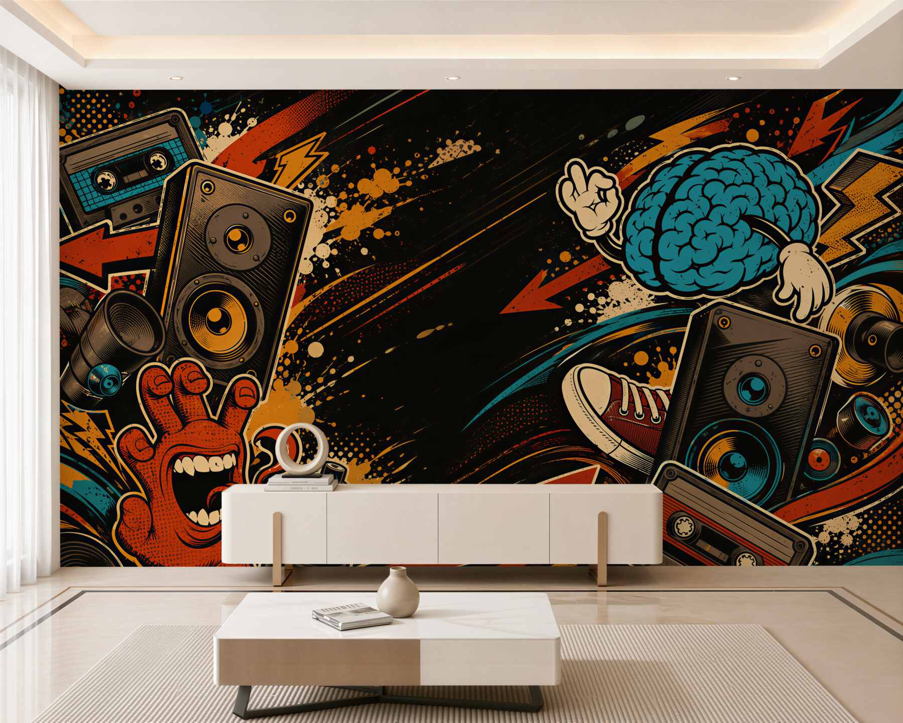 Fotobehang muzikale collage street art met luidsprekers en graffiti
