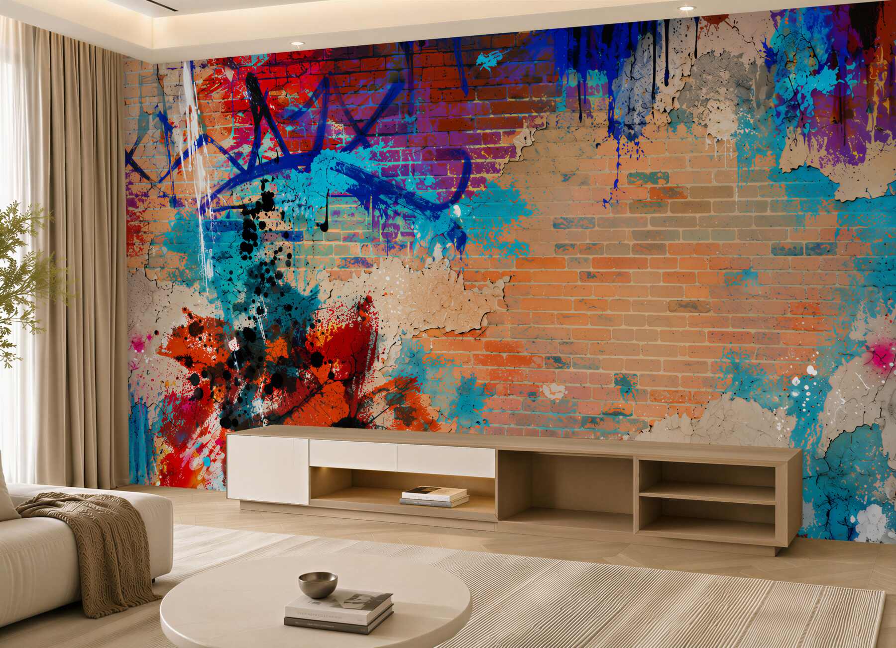Fotobehang abstracte muur met pastel graffiti en stuc effect