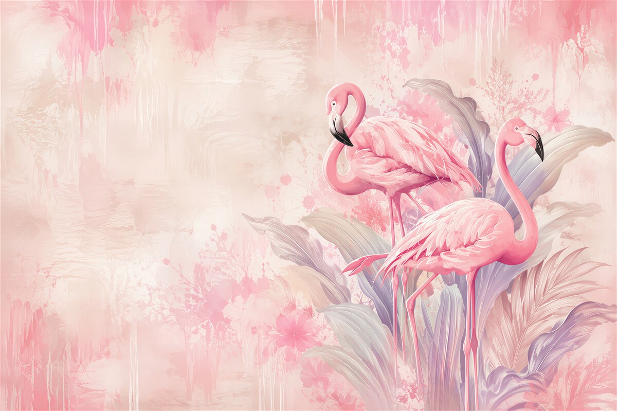 Fotobehang roze flamingo's in pastel tropische bladeren