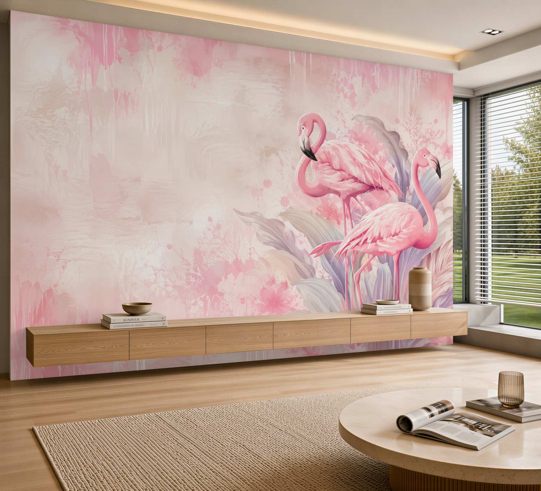 Fotobehang roze flamingo's in pastel tropische bladeren