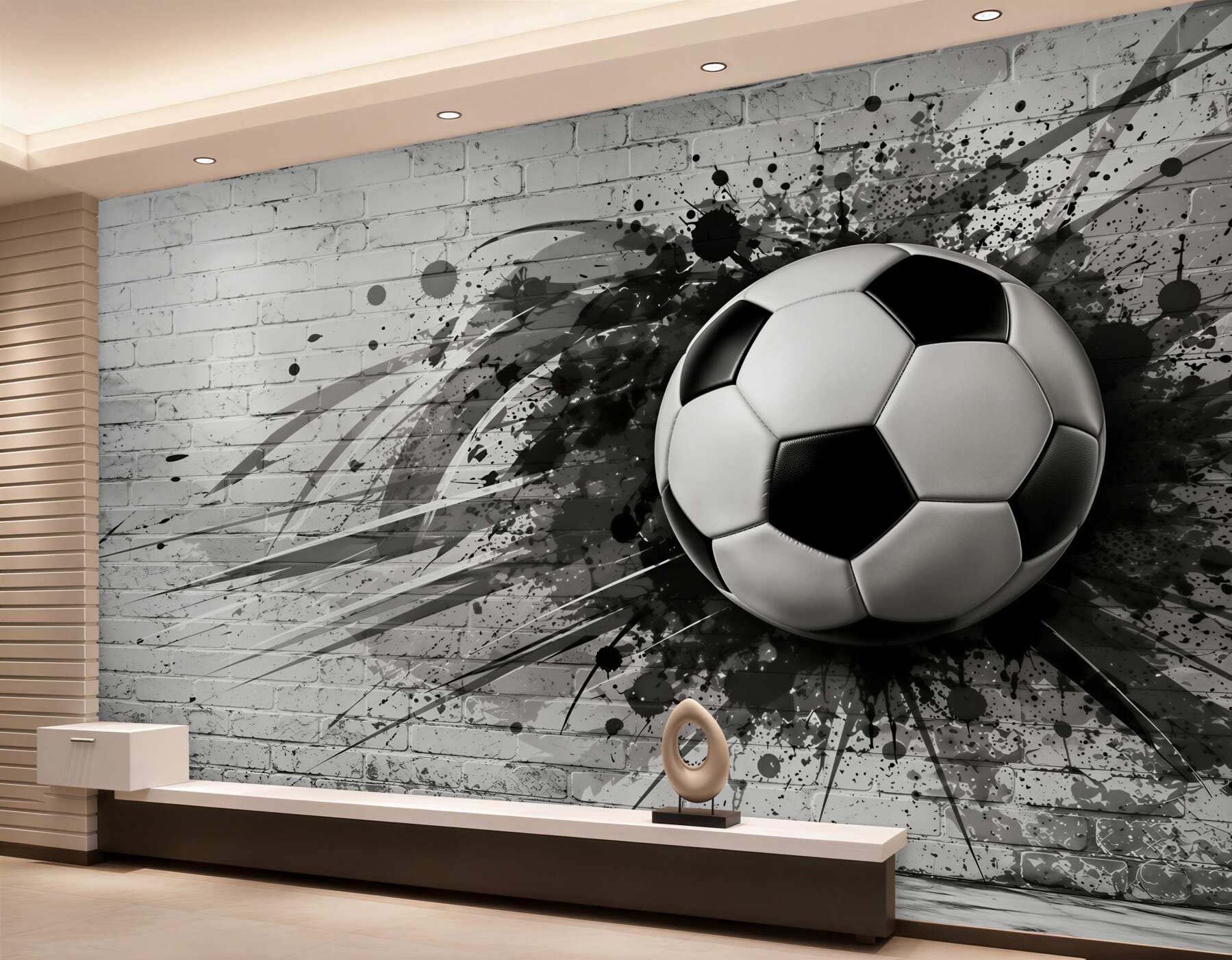 Fotobehang voetbal op witte baksteen moderne sportstijl