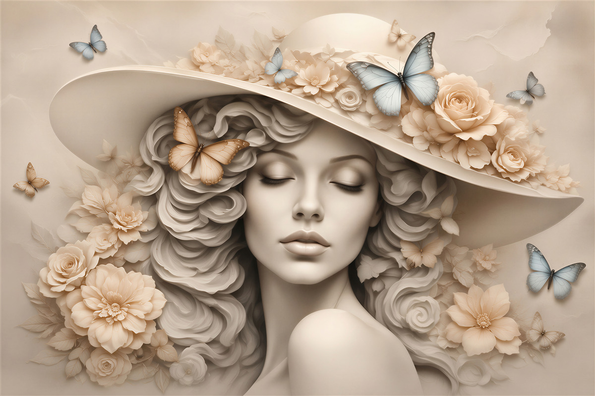 Fotobehang vrouw met hoed en bloemen romantisch beige