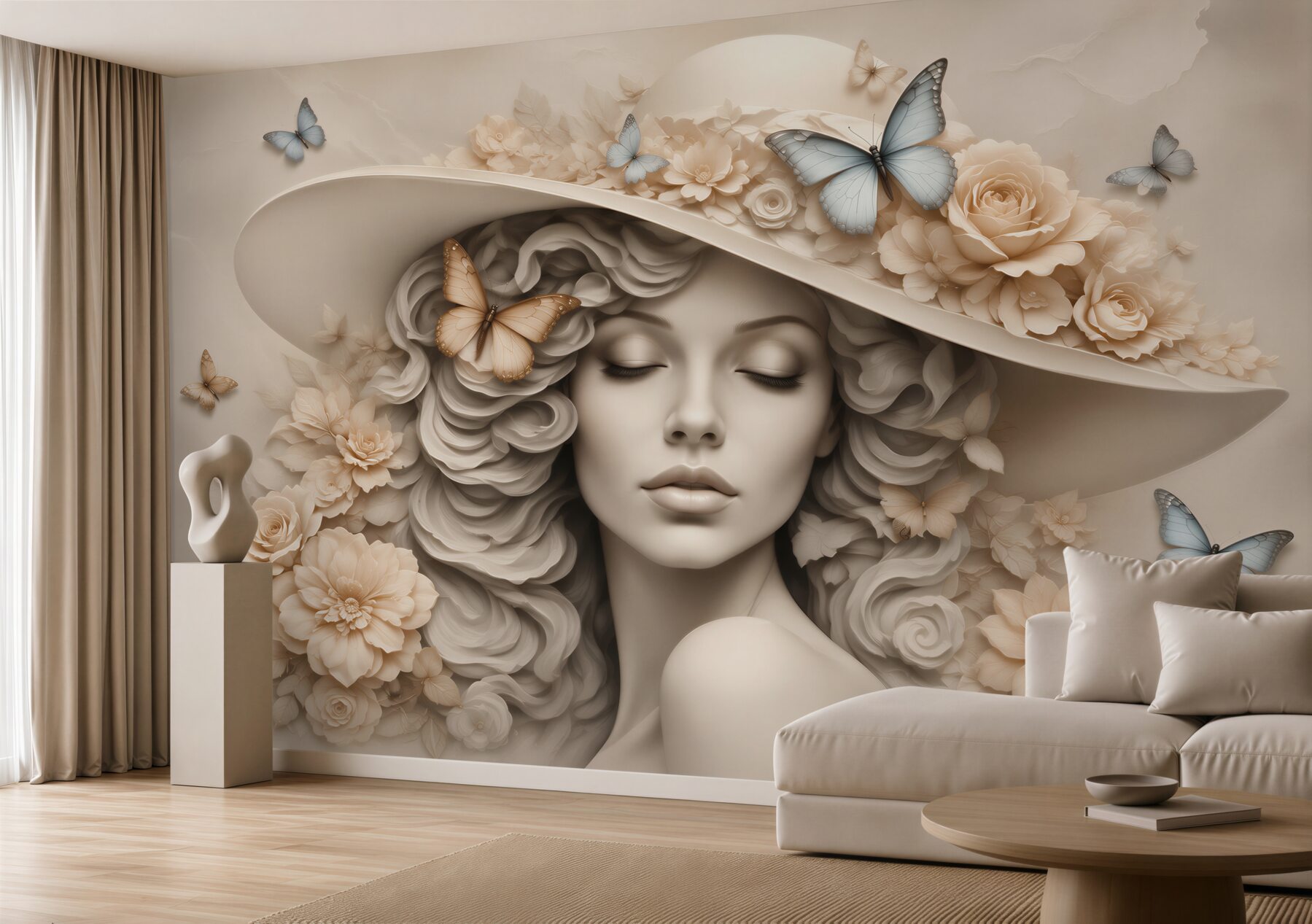 Fotobehang vrouw met hoed en bloemen romantisch beige