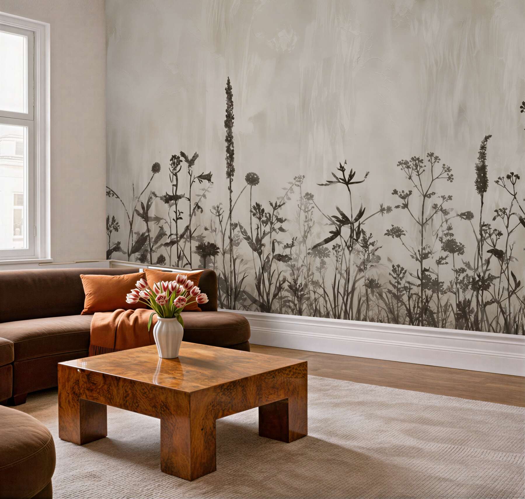 Fotobehang veldbloemen beige subtiel weiland op een lichte achtergrond