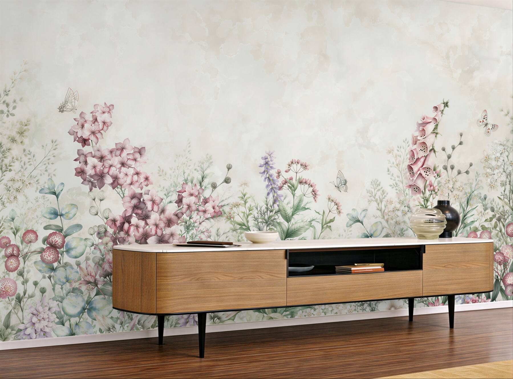 Fotobehang pastel bloemenweide met vlinders voor romantisch interieur