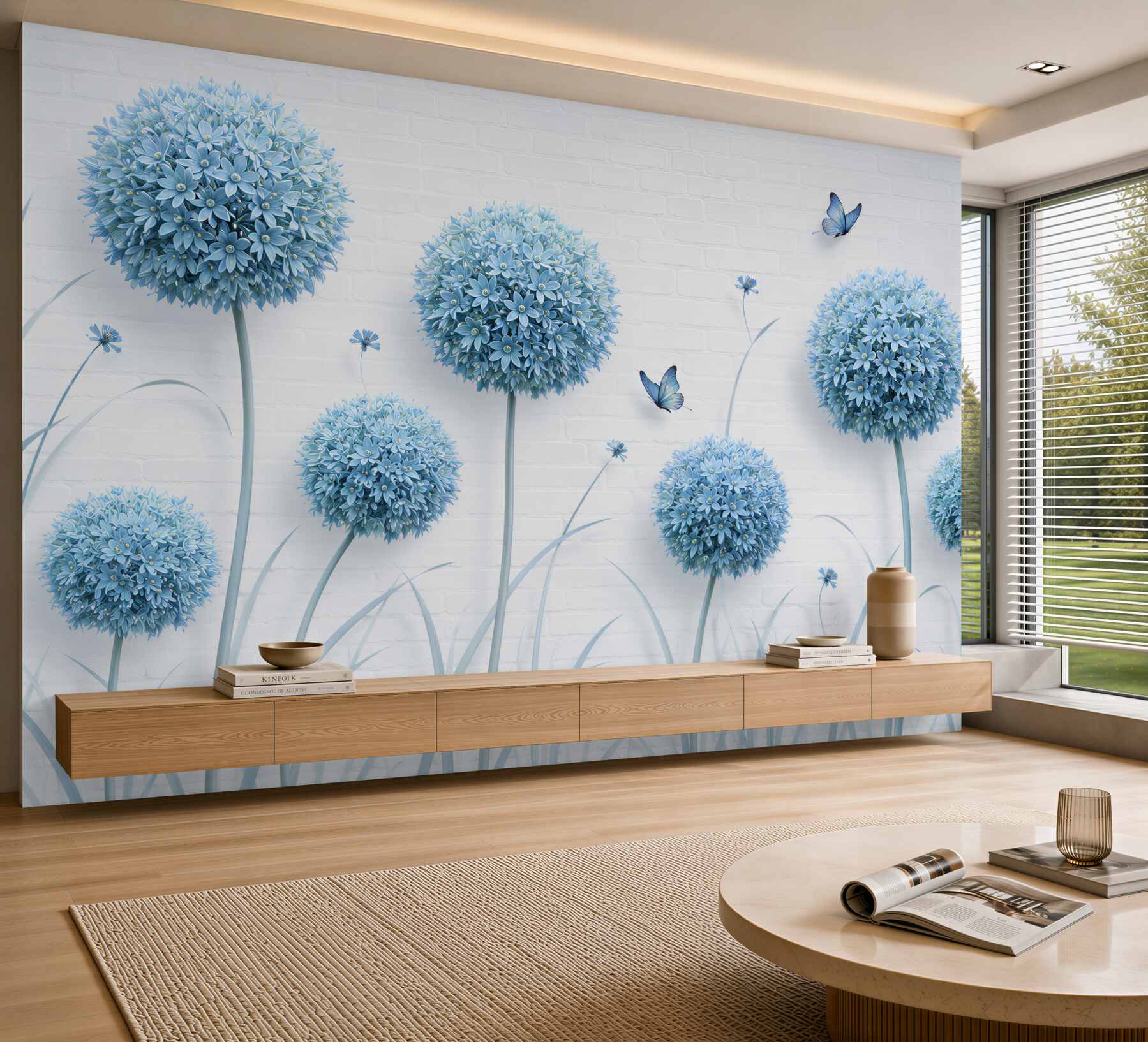 Fotobehang blauwe sierlook met pastelvlinders