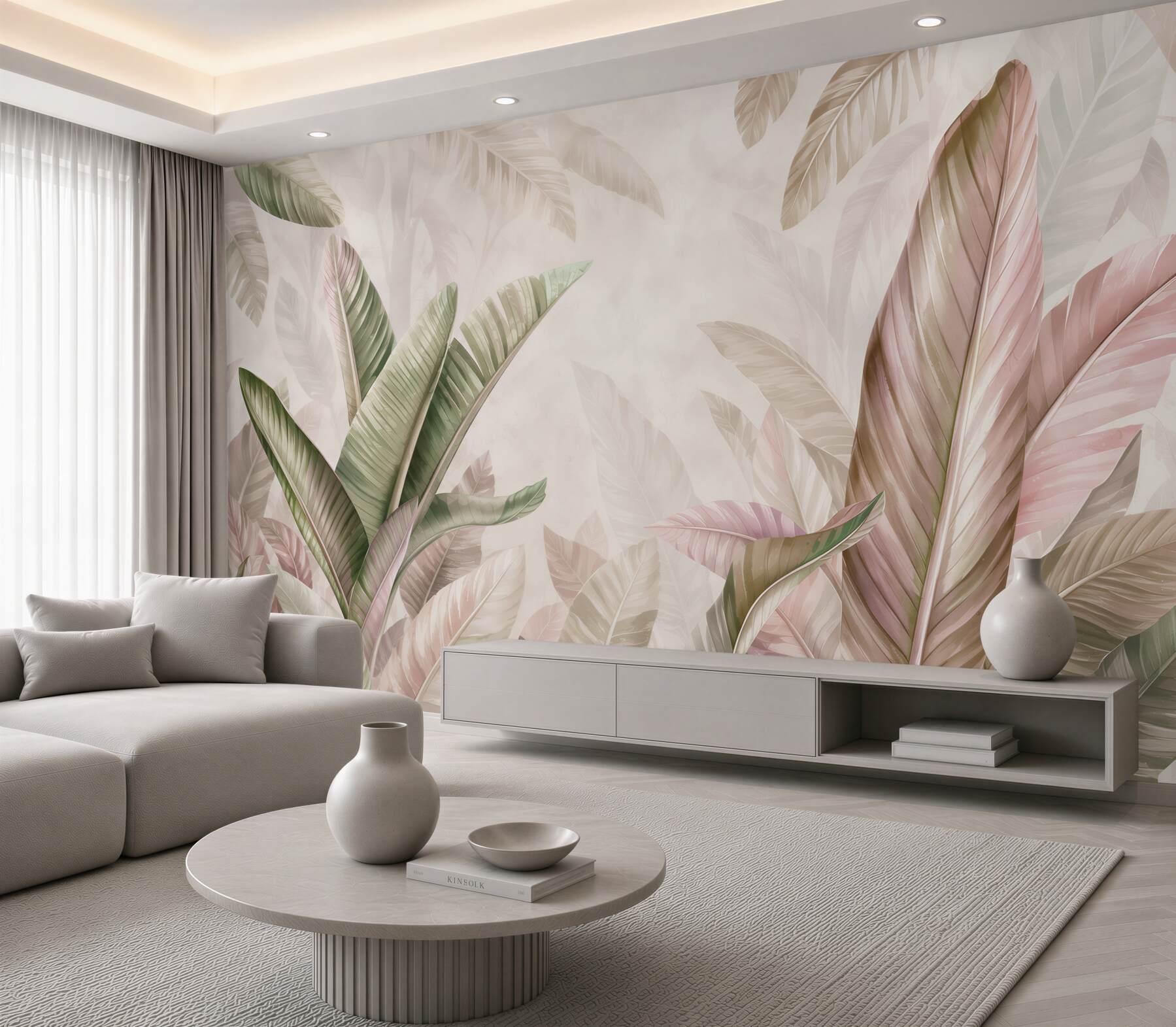 Fotobehang pastel tropische bladeren beige-groen voor de woonkamer