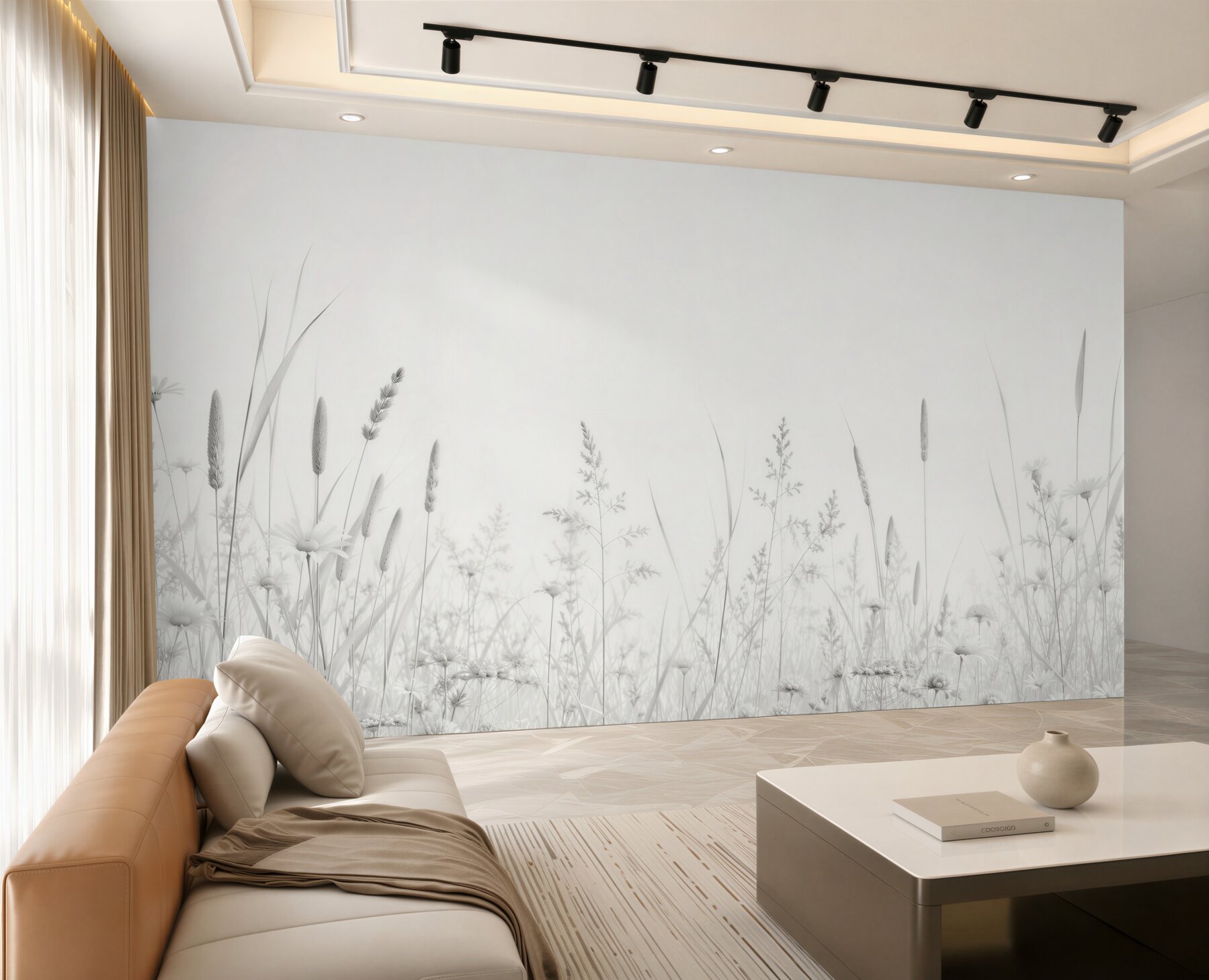Fotobehang weiland met kamille en gras in lichte beige tinten