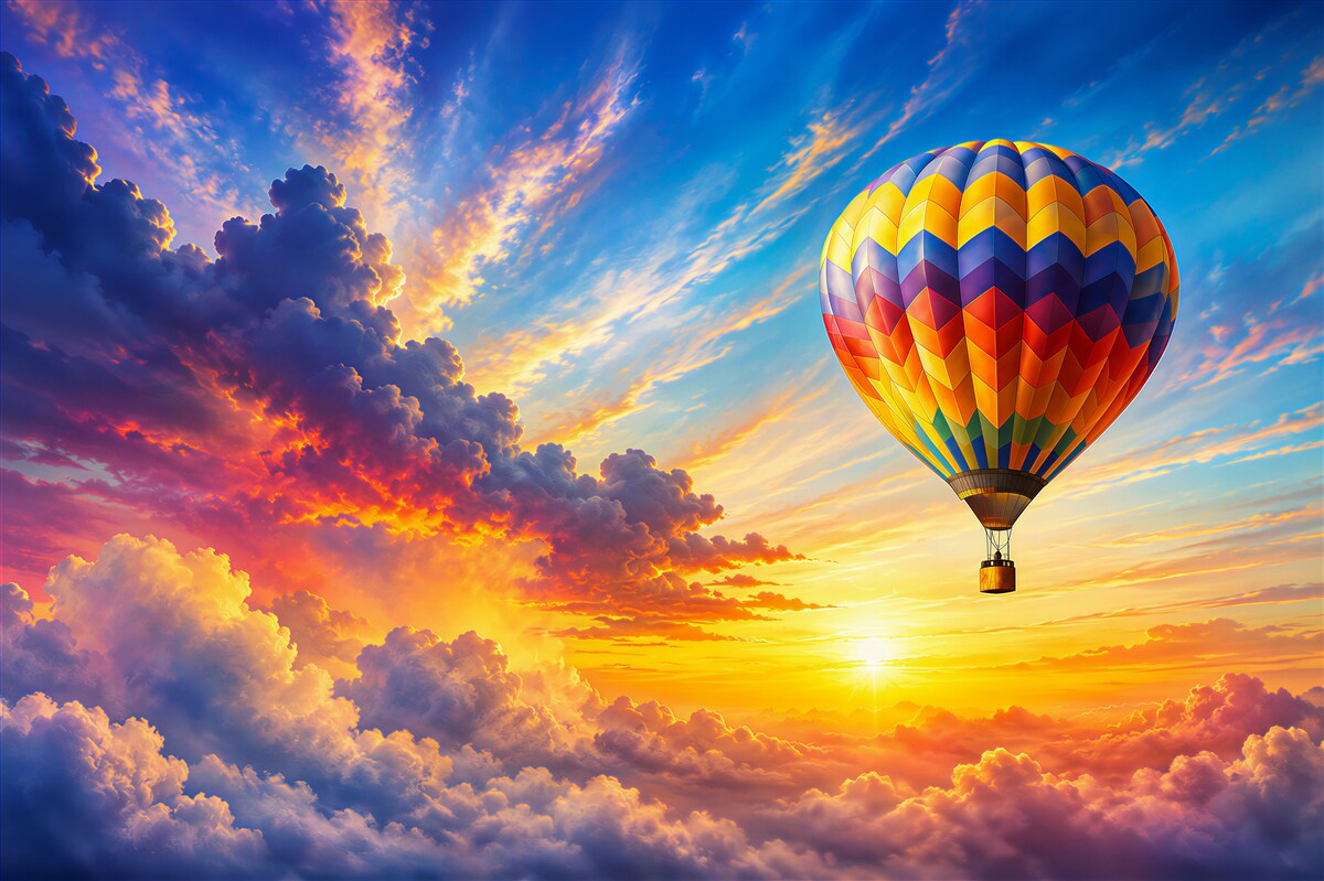 Fotobehang ballon in de wolken bij zonsopgang pastelachtige lucht