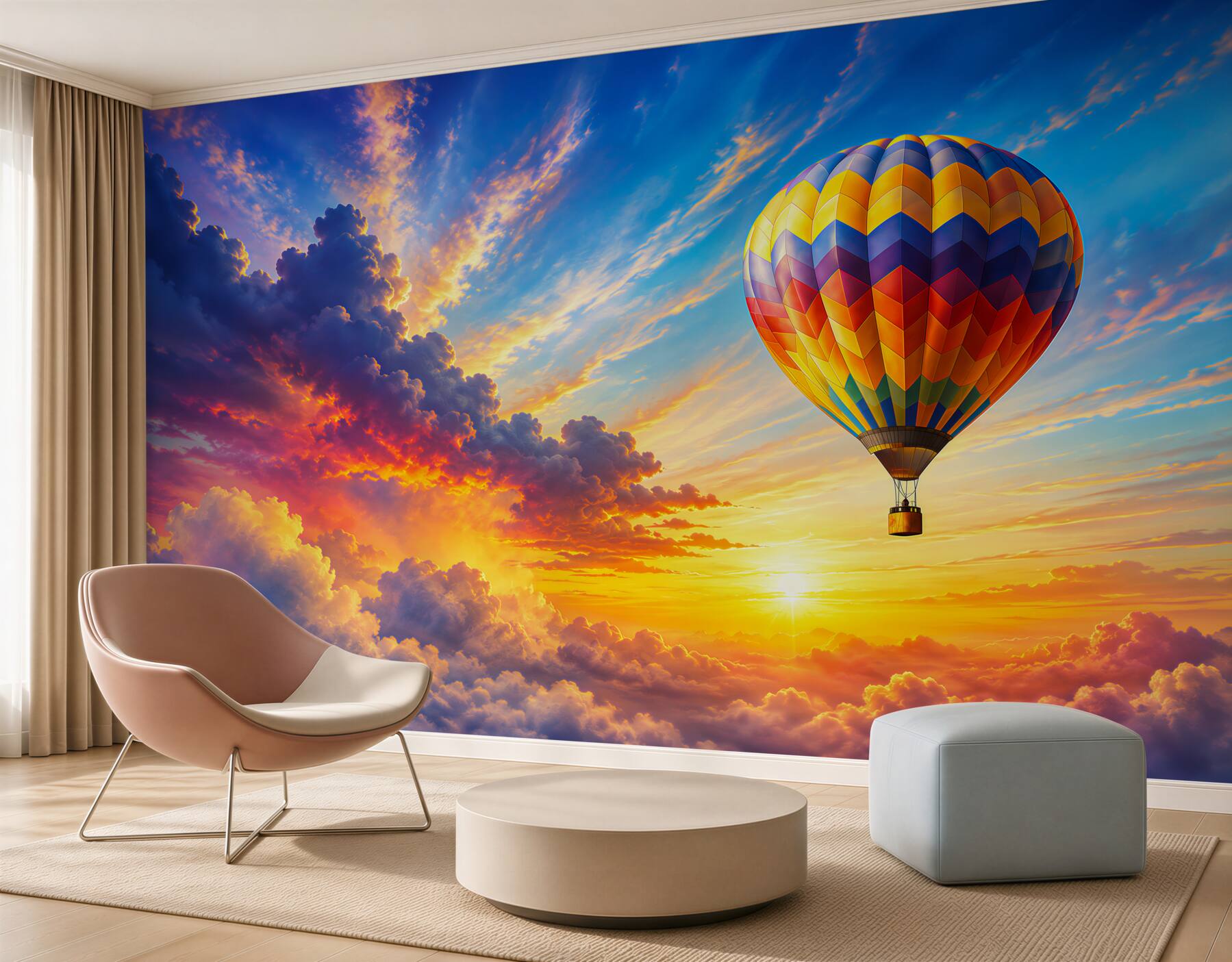 Fotobehang ballon in de wolken bij zonsopgang pastelachtige lucht