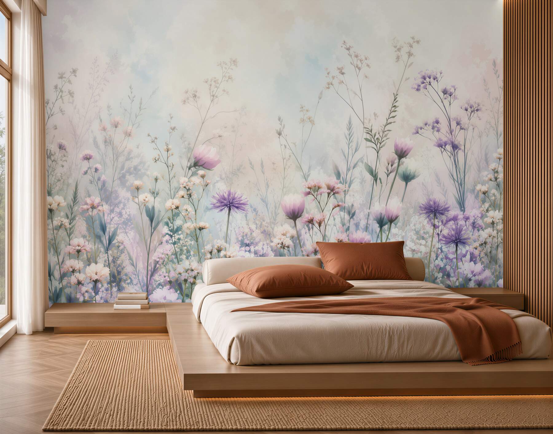 Fotobehang pastelweide met veldbloemen in paarse tinten