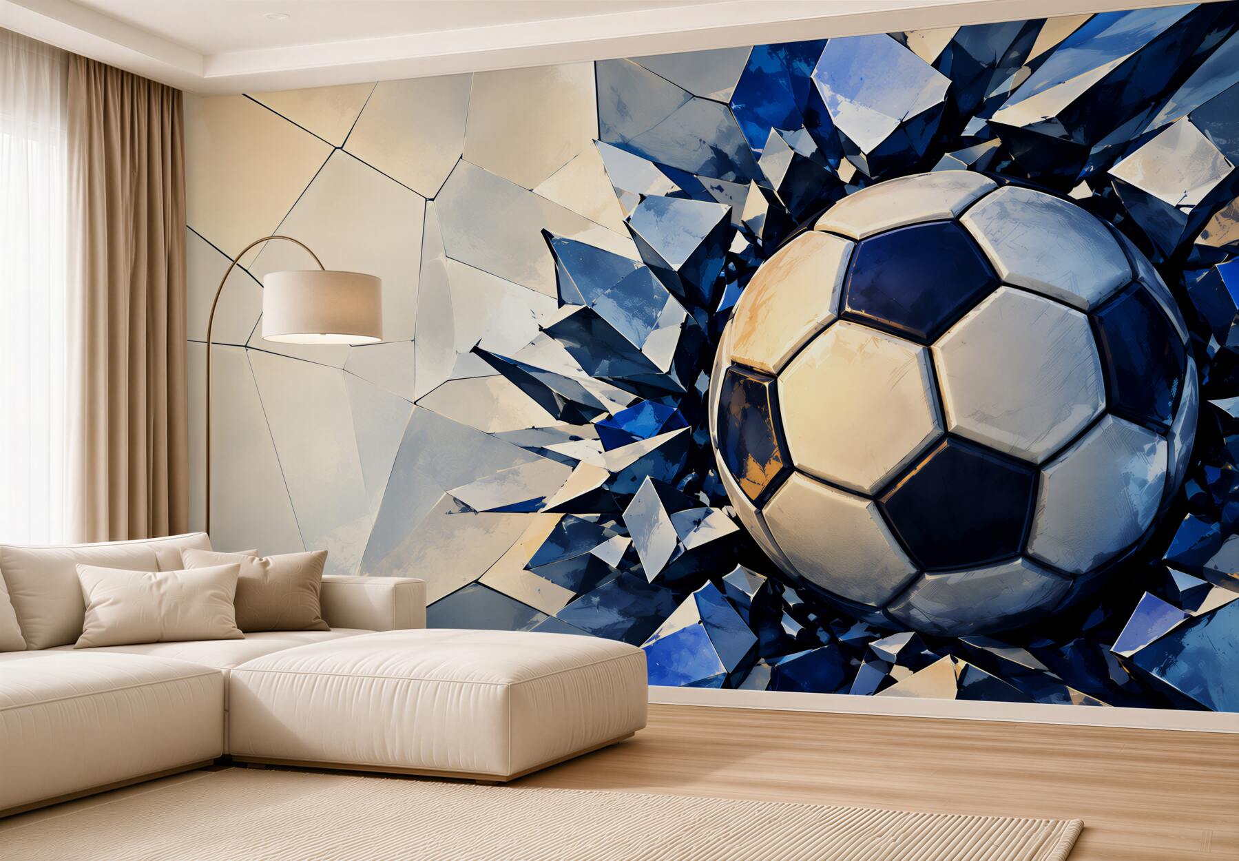 Fotobehang voetbal die de muur doorbreekt dynamisch voor de jongenskamer