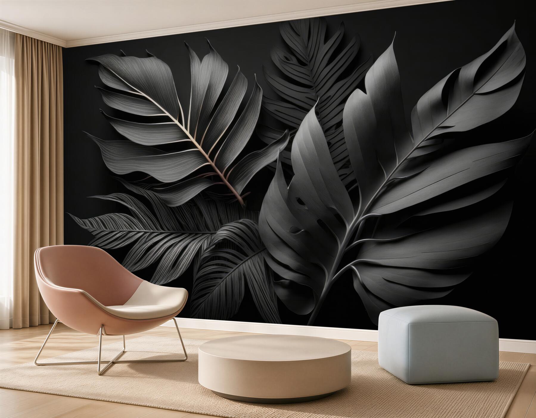 Fotobehang tropische bladeren 3D beige op een subtiele achtergrond voor de woonkamer