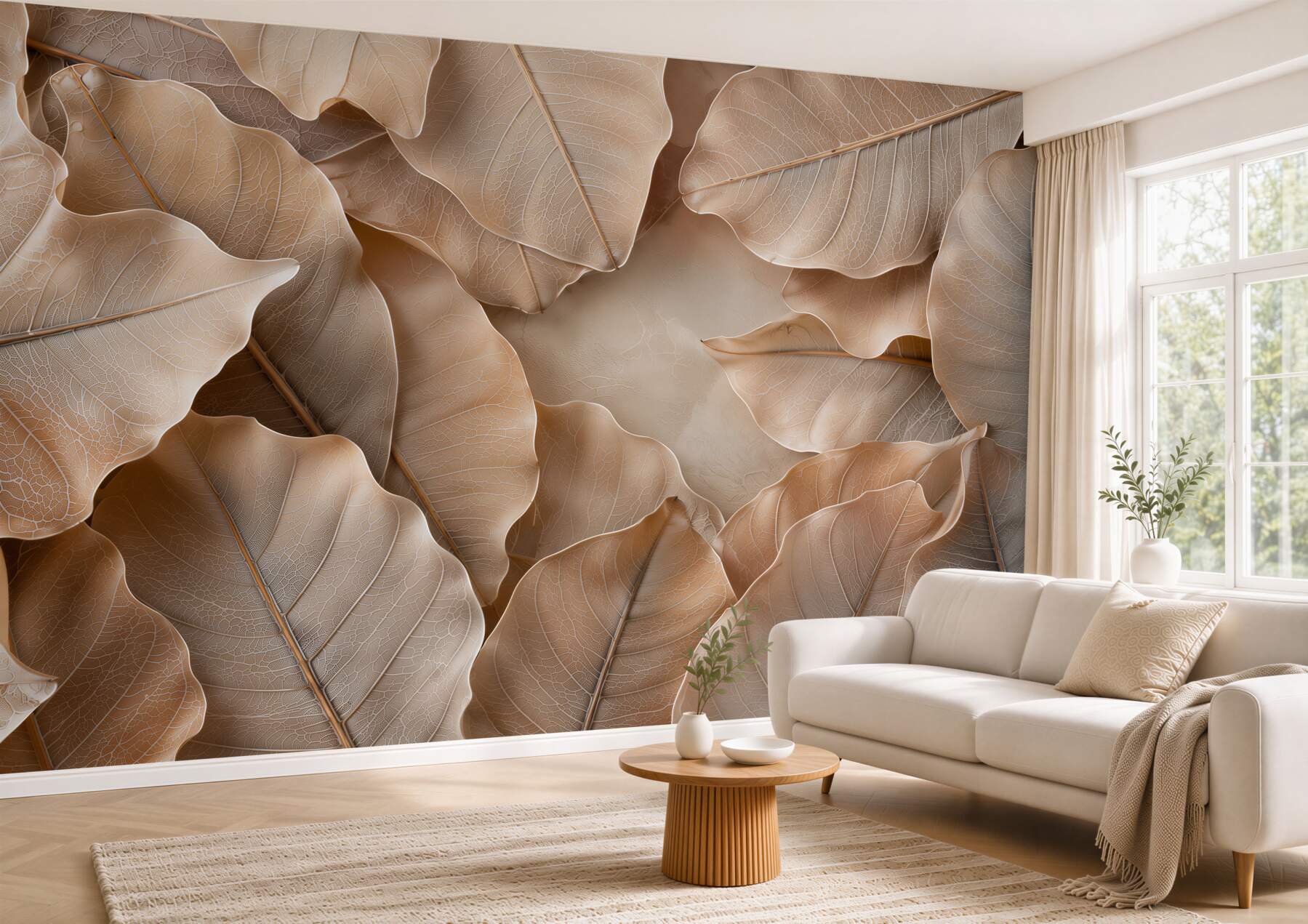 Fotobehang transparante beige bladeren subtiele plantaardige abstractie