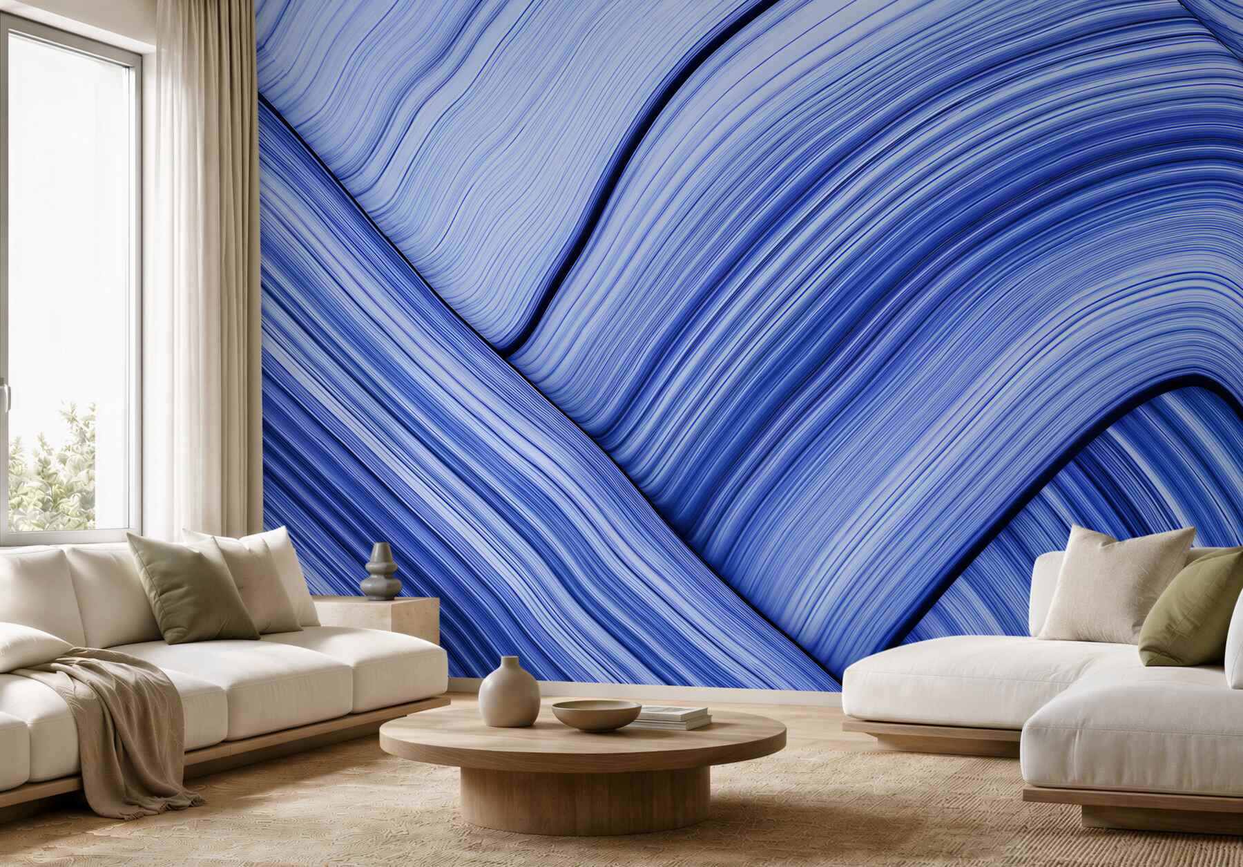 Fotobehang delicate golven blauw en wit modern voor de slaapkamer