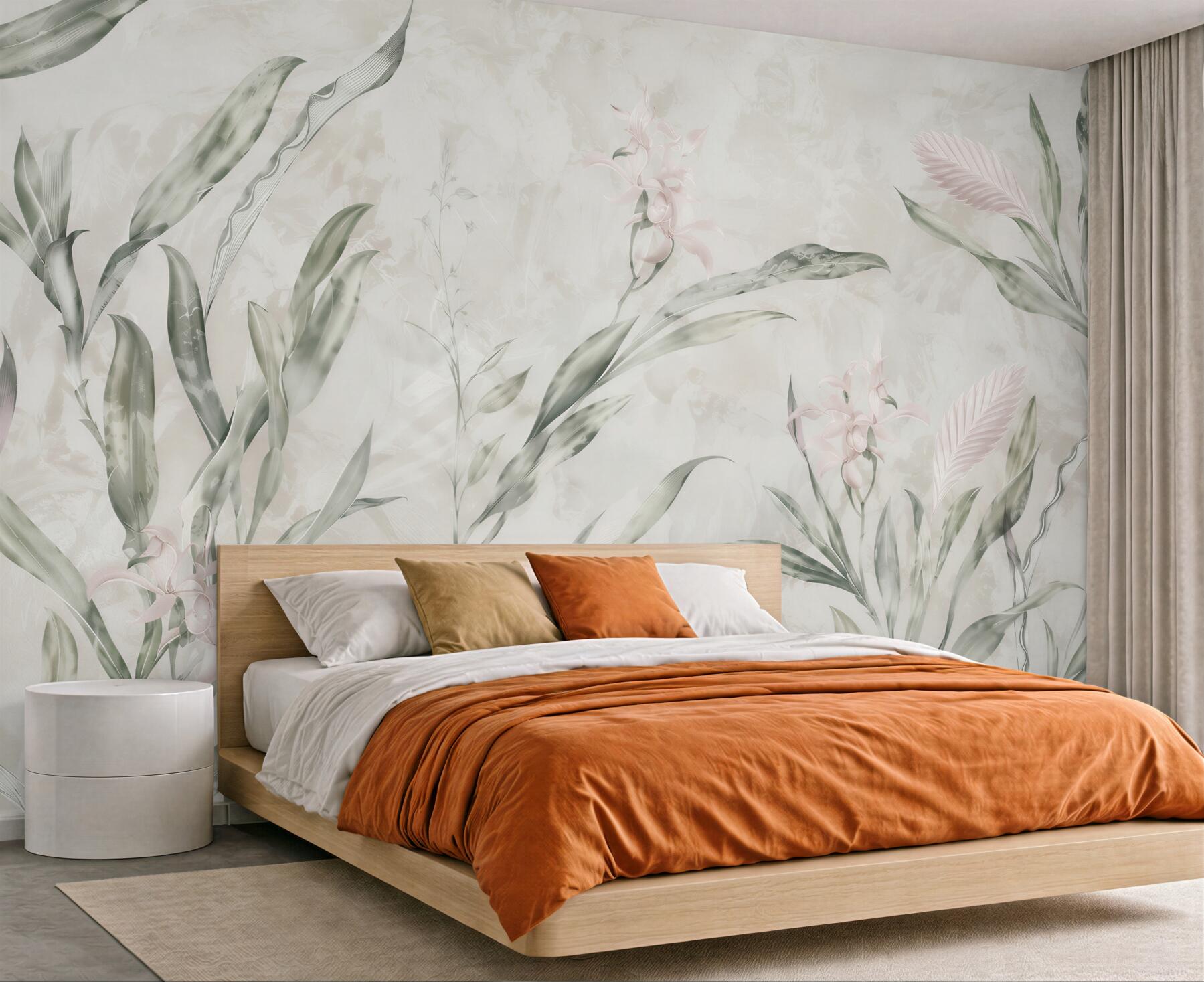 Fotobehang exotische bladeren en delicate bloemen in botanische stijl