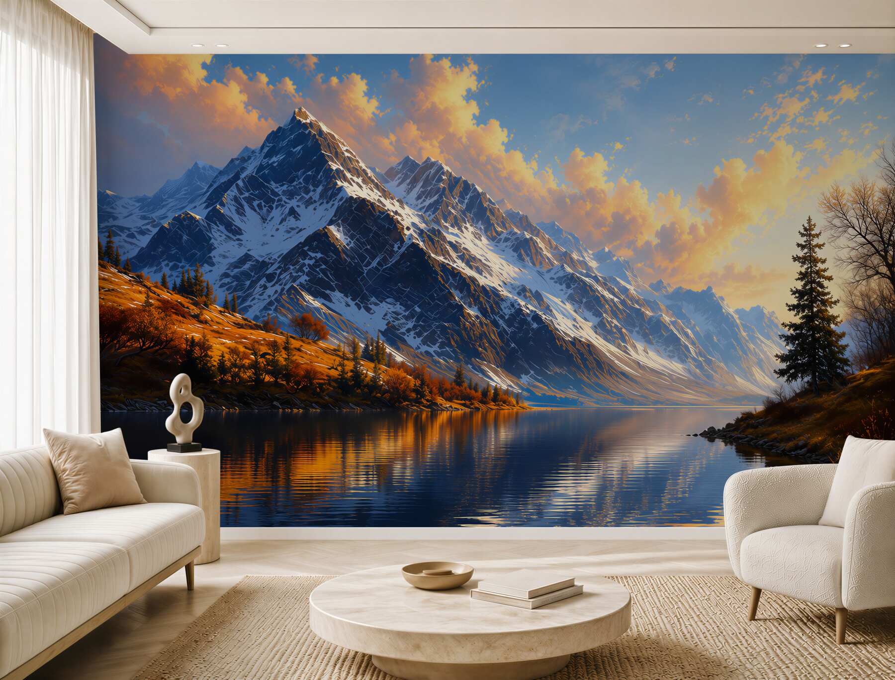 Fotobehang besneeuwde bergen boven het meer in de mist rustig landschap