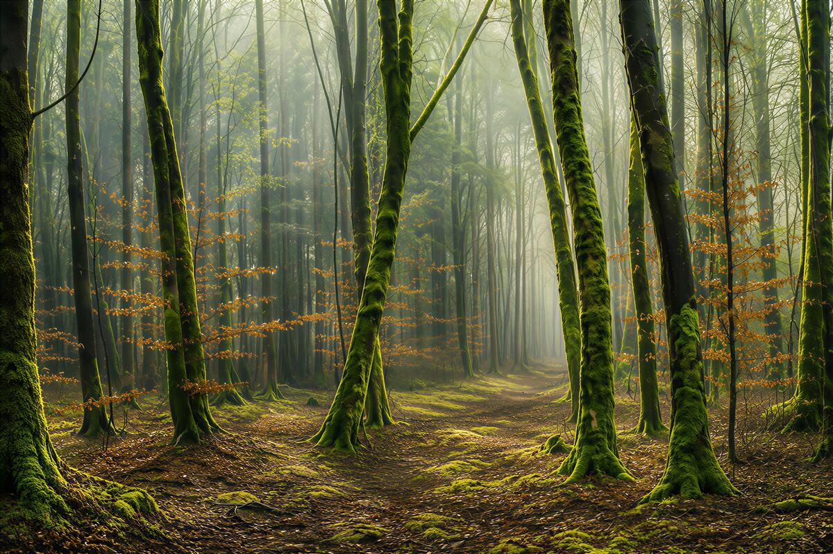 Fotobehang groene bos met een pad in de zonnestralen