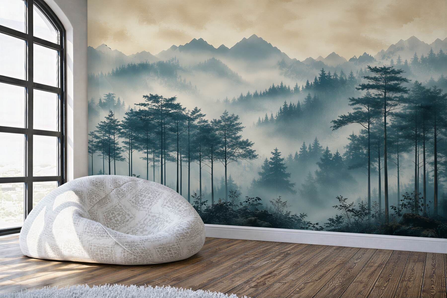 Fotobehang bergen en bos in de mist met zonnestralen voor de woonkamer