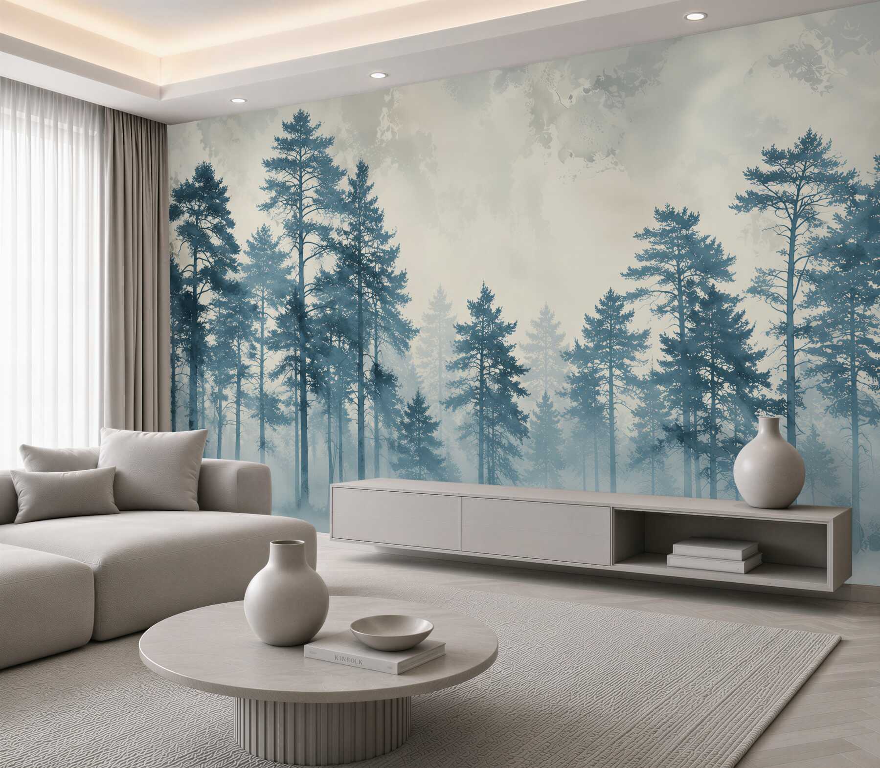 Fotobehang dennenbos in de mist met zacht licht in Scandinavische stijl