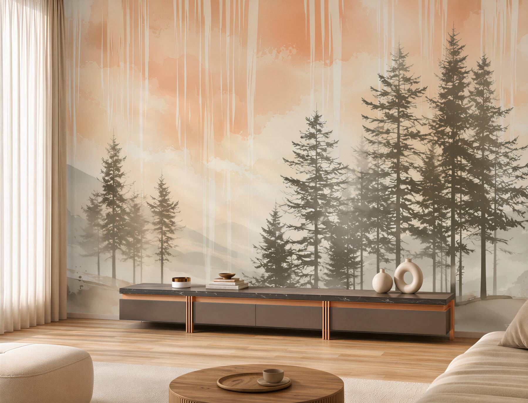Fotobehang bergen en dennen in de mist in lichte beige tinten