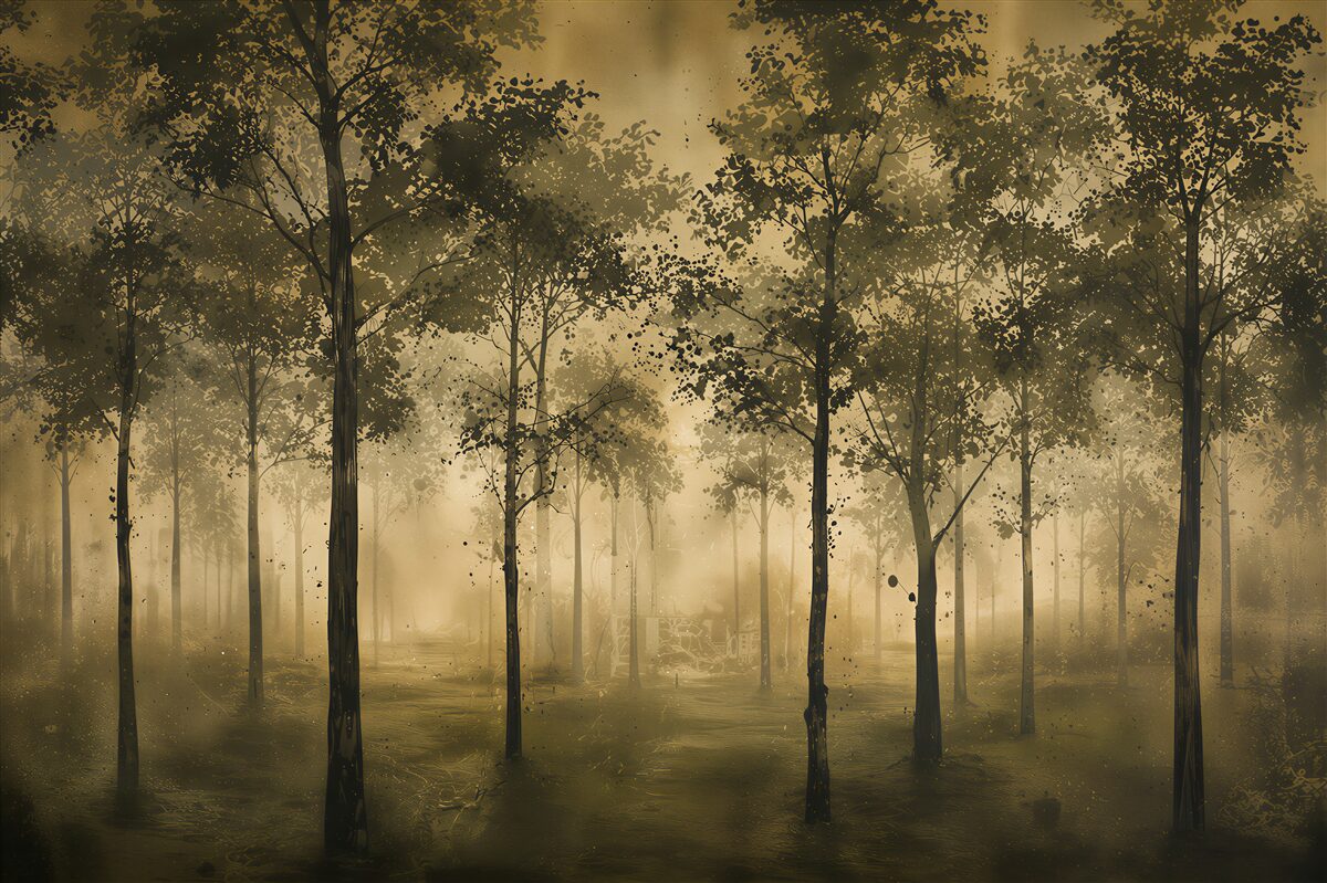Fotobehang subtiele loofbos in de mist in natuurlijke kleuren