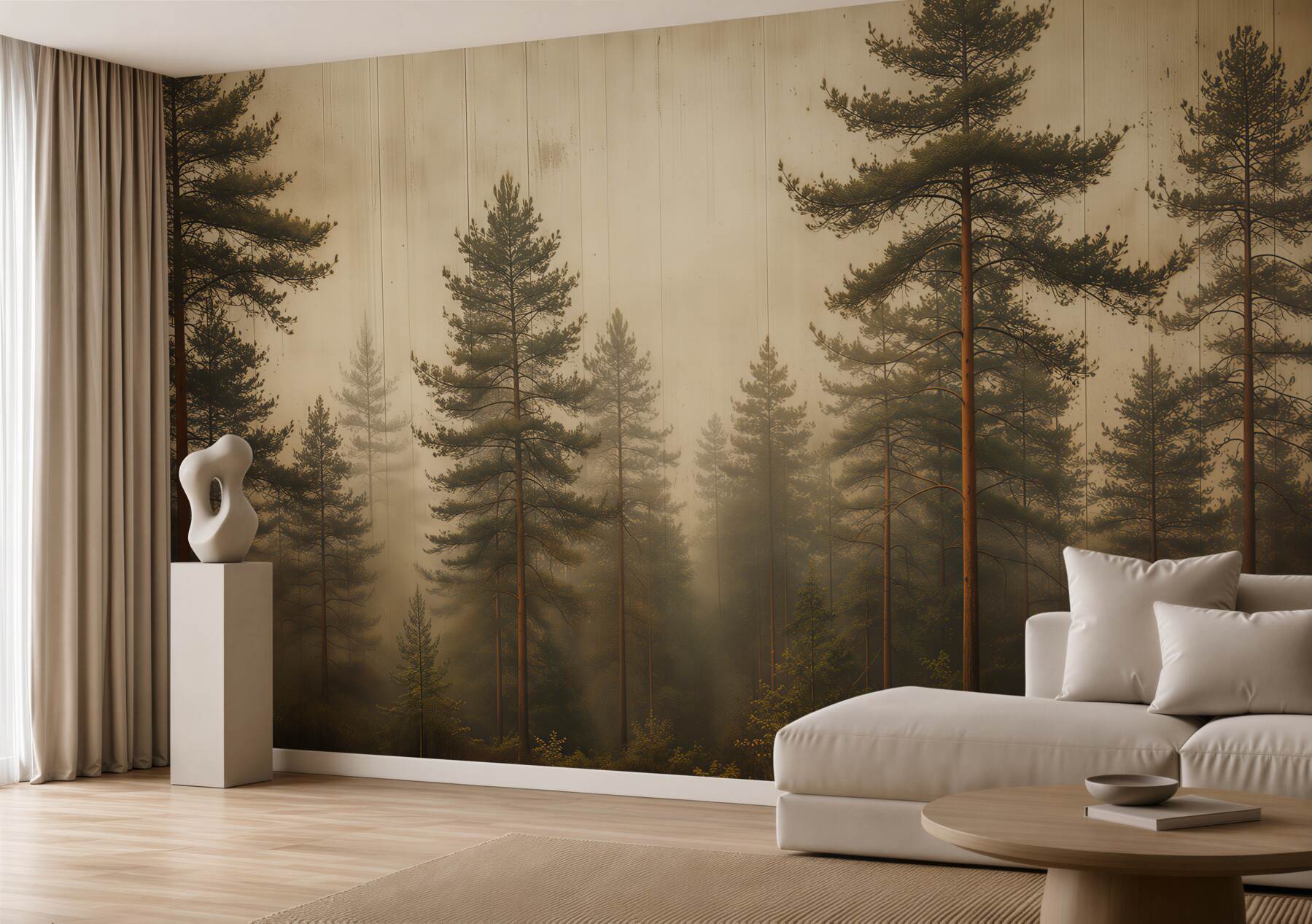 Fotobehang dennenbos in de mist in warme beige tinten