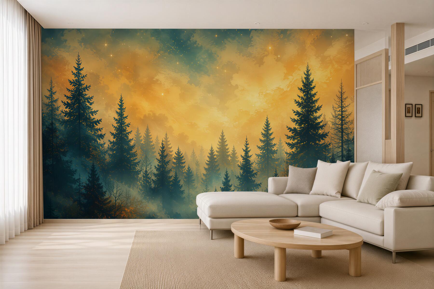 Fotobehang mistig sparrenbos bij zonsopgang
