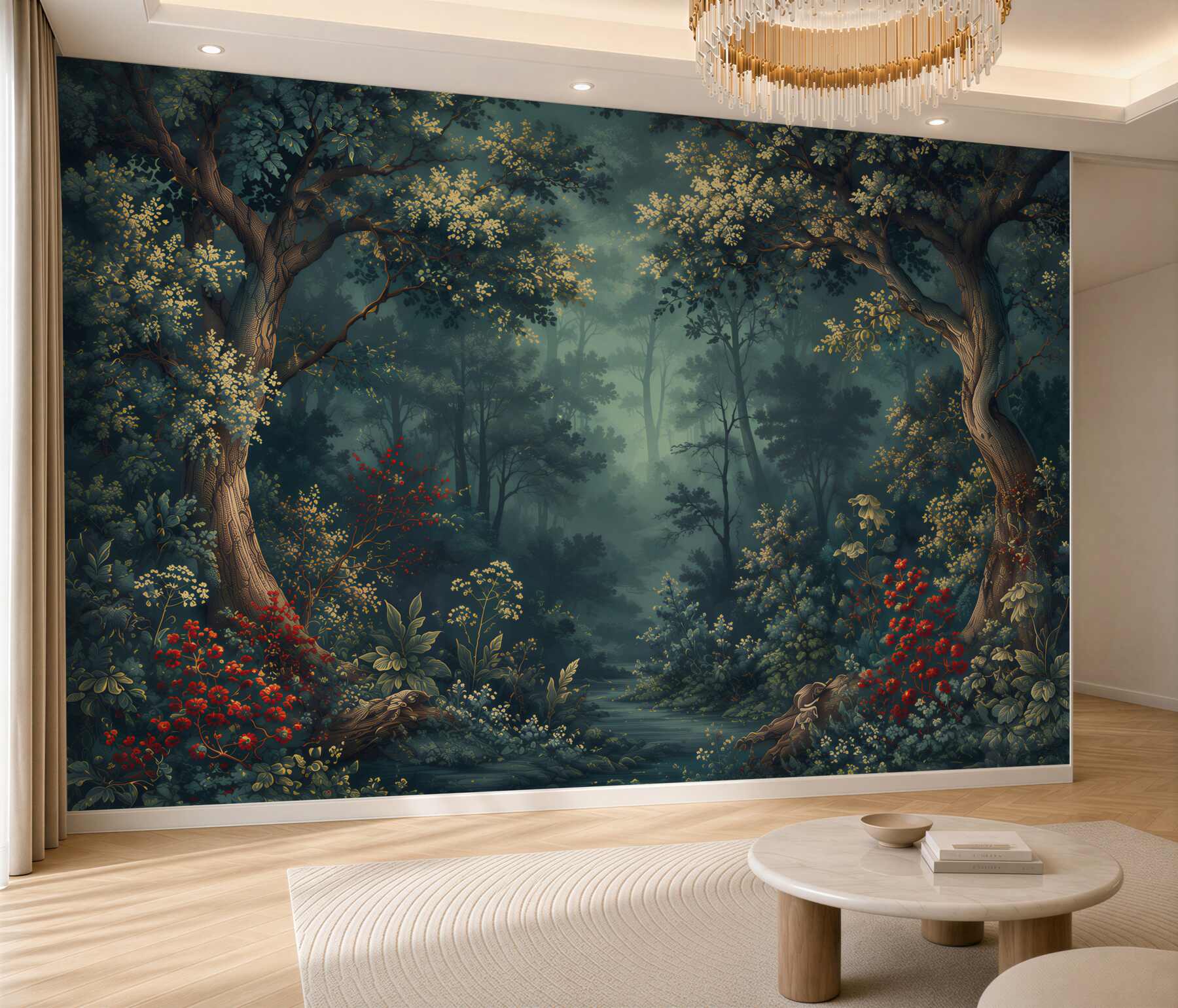 Fotobehang sprookjesbos met bloemen langs een beekje pastel