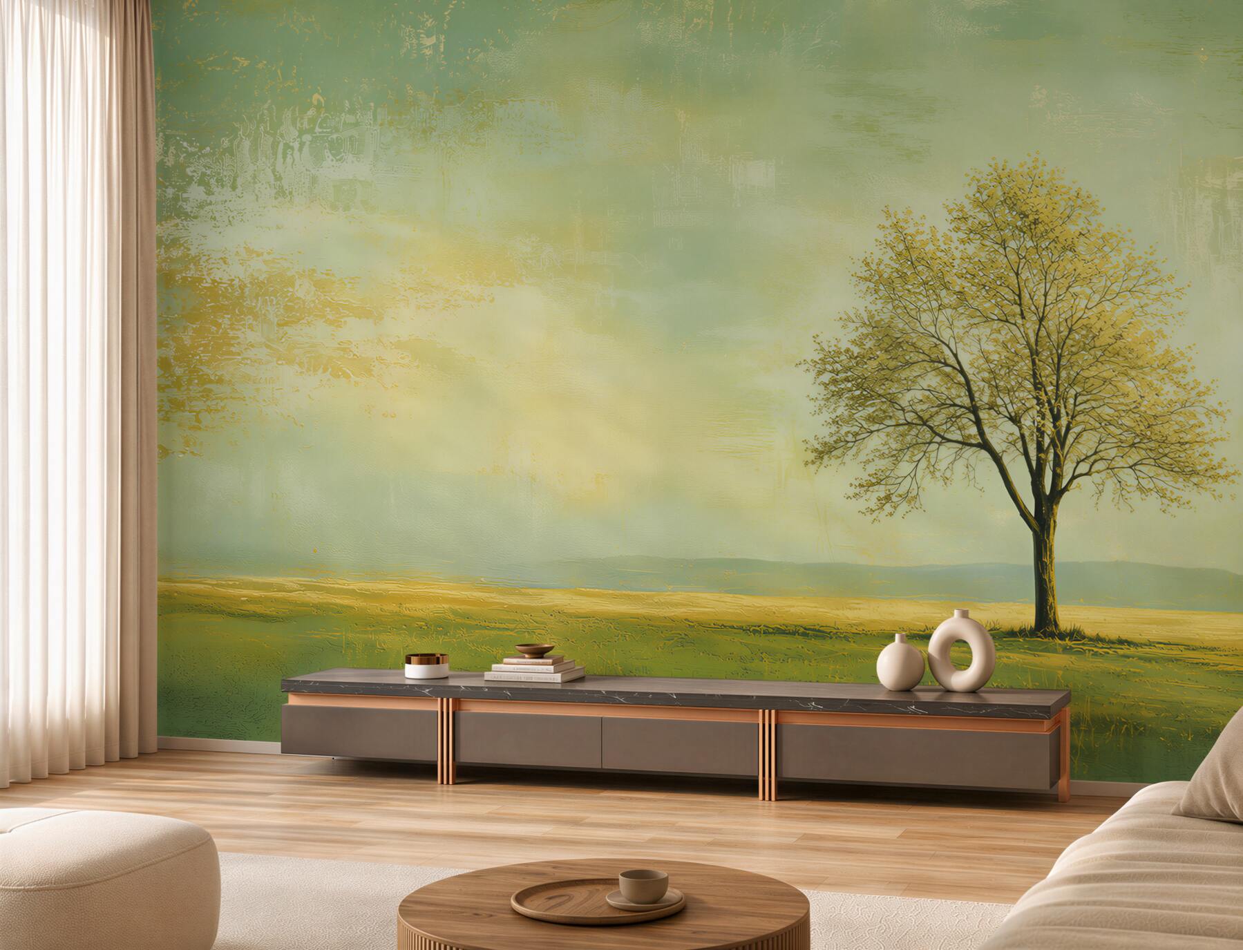 Fotobehang eenzame boom op een weiland pastel landschap