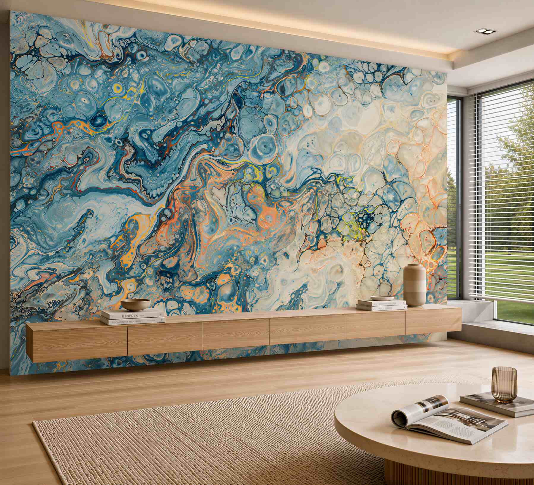Fotobehang abstracte blauwe rivier in lichte marmer elegante