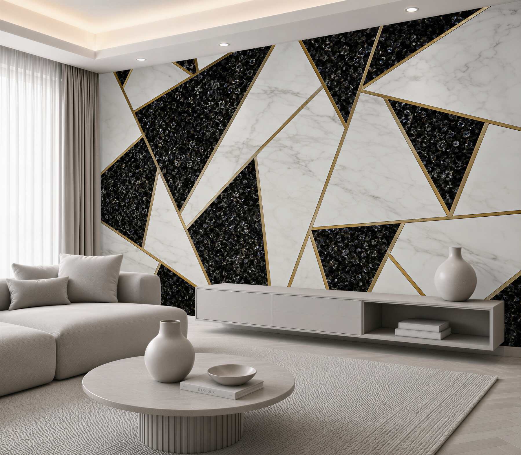 Fotobehang geometrisch zwart-wit marmer met gouden lijnen loft