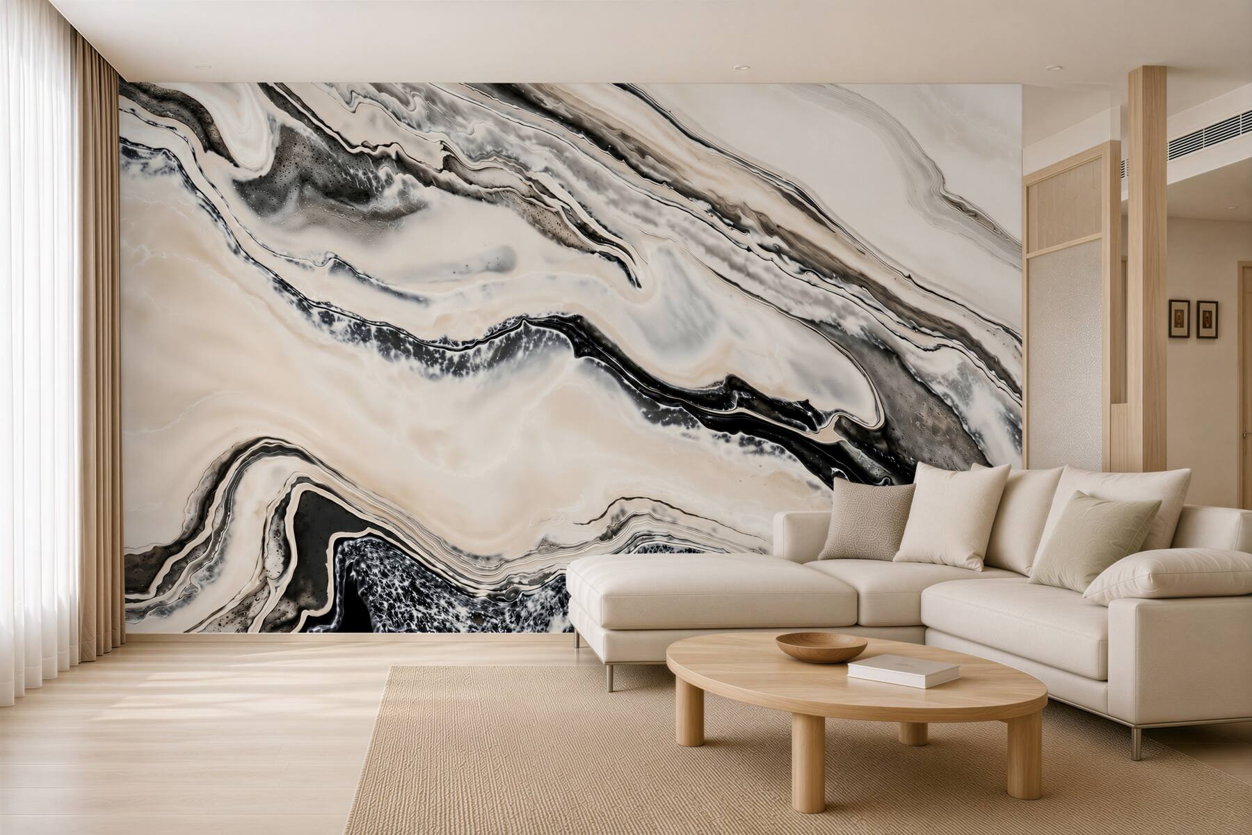 Fotobehang beige marmer met zwarte ader elegant voor de woonkamer