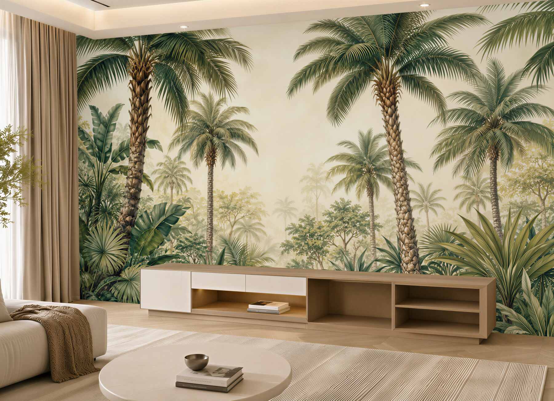 Fotobehang tropische palmen in een natuurlijke beige-groene jungle