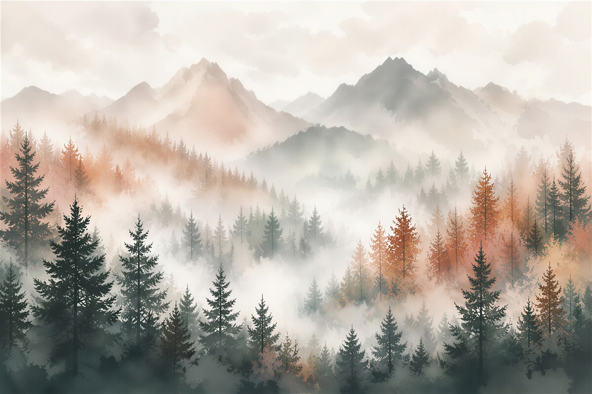 Fotobehang mistige bos en bergen in pastelbeige