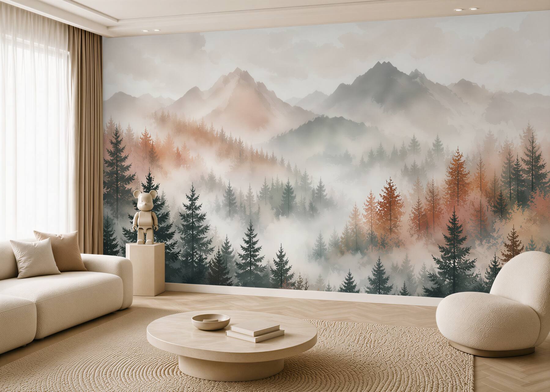 Fotobehang mistige bos en bergen in pastelbeige