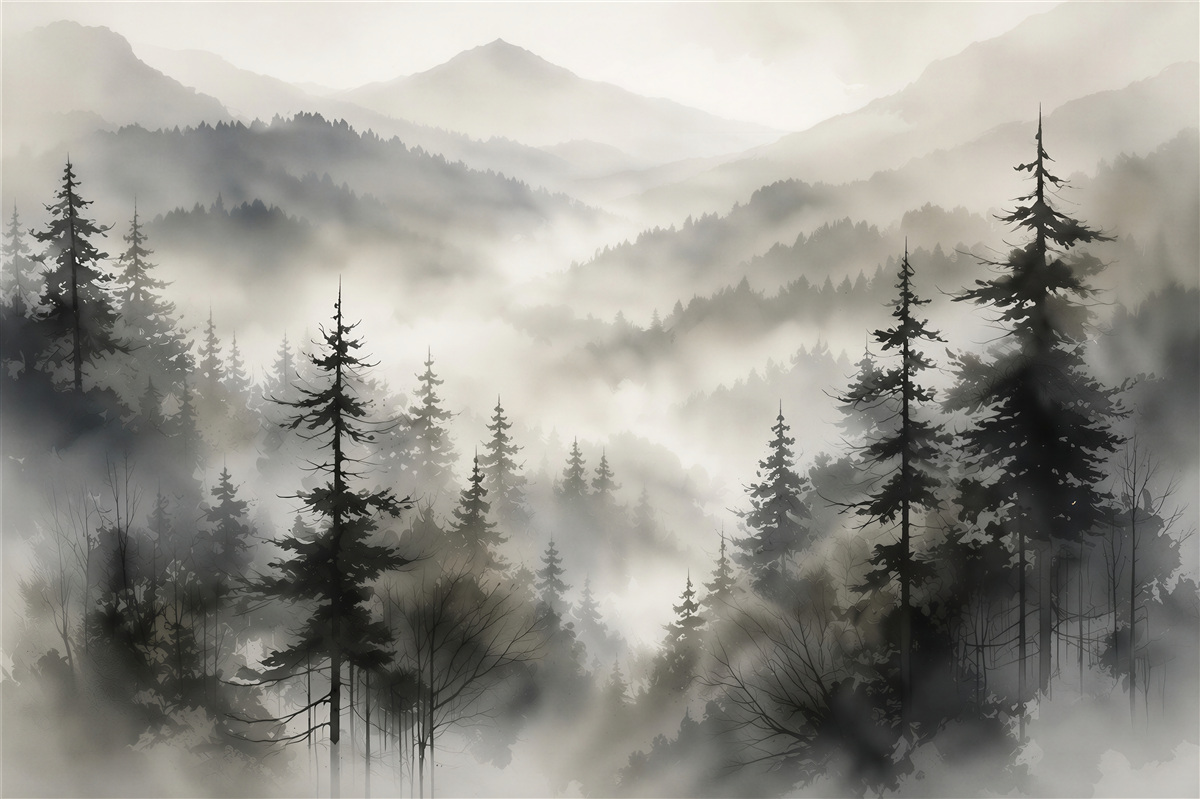 Fotobehang bergachtige heuvels en bos in de mist rustig landschap