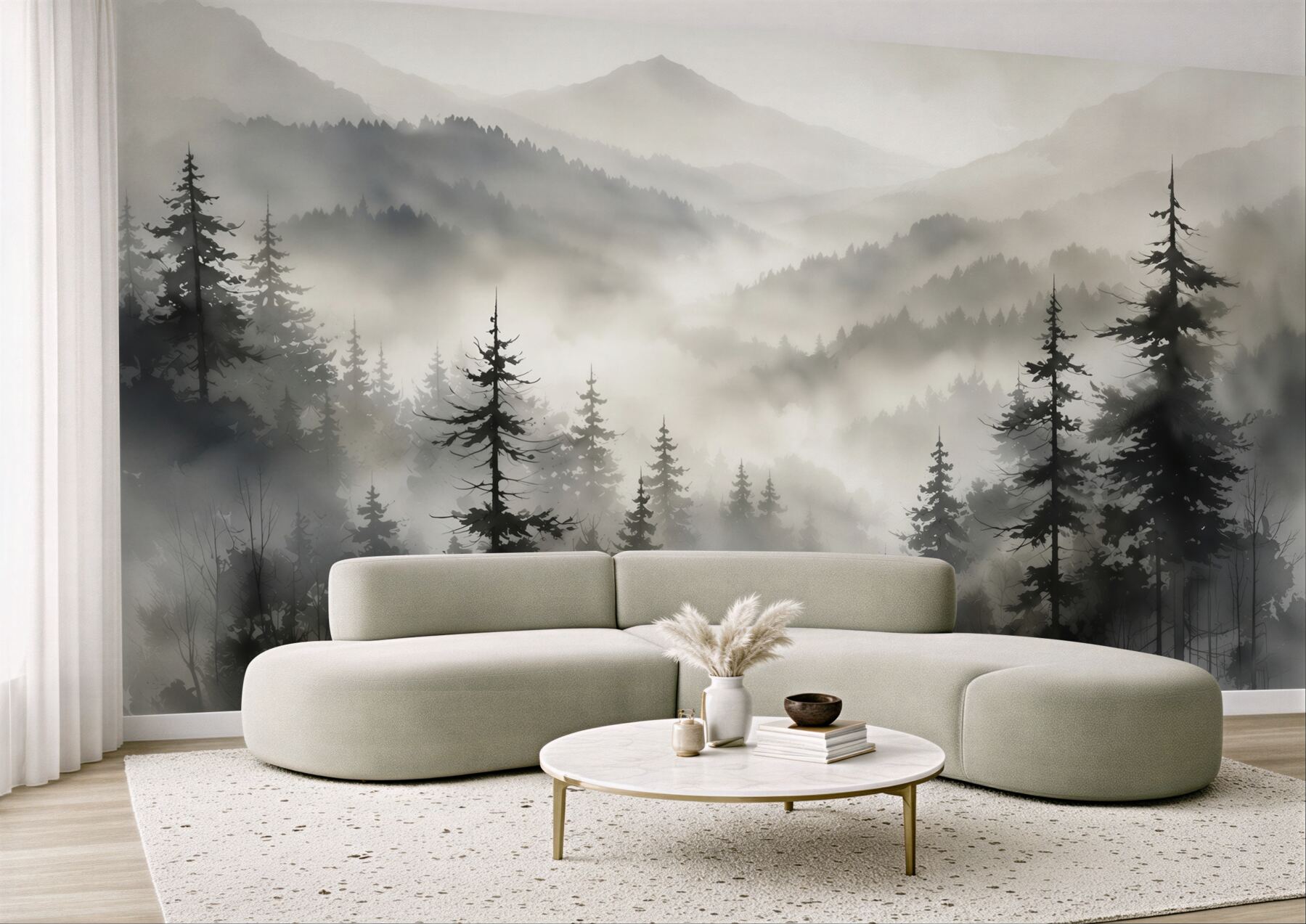 Fotobehang bergachtige heuvels en bos in de mist rustig landschap