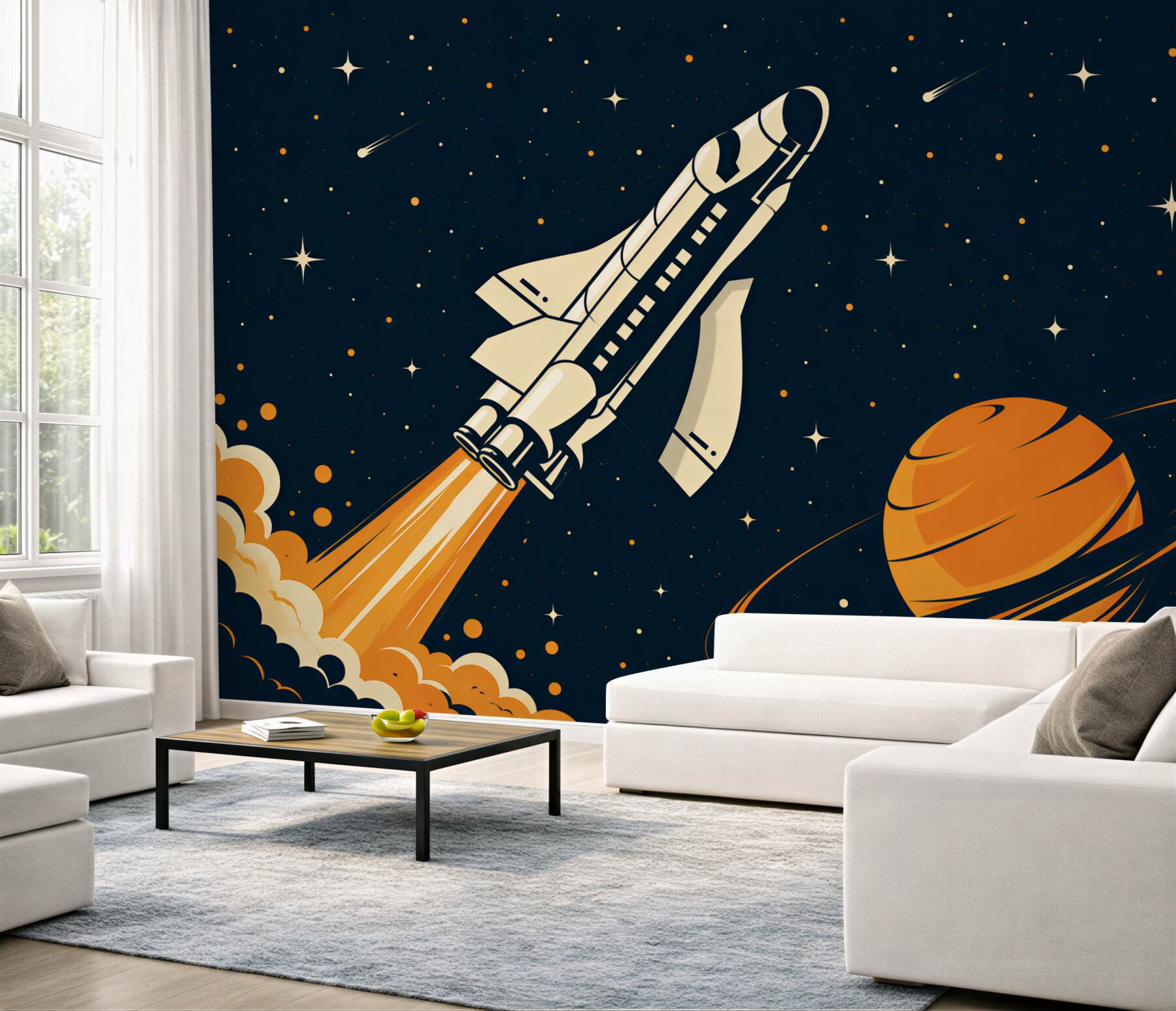Fotobehang De raket vliegt op een grote planeet