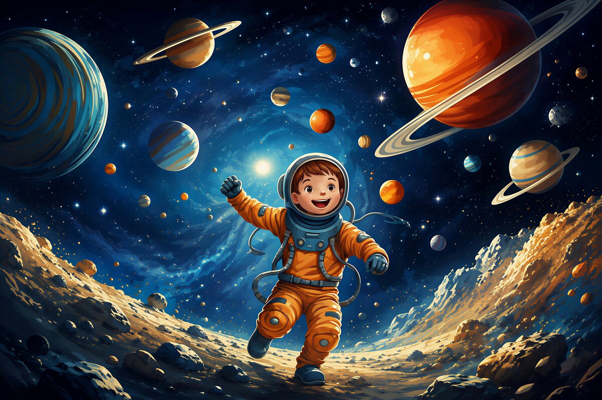 Fotobehang Astronaut in de ruimte met planeten voor de kinderkamer