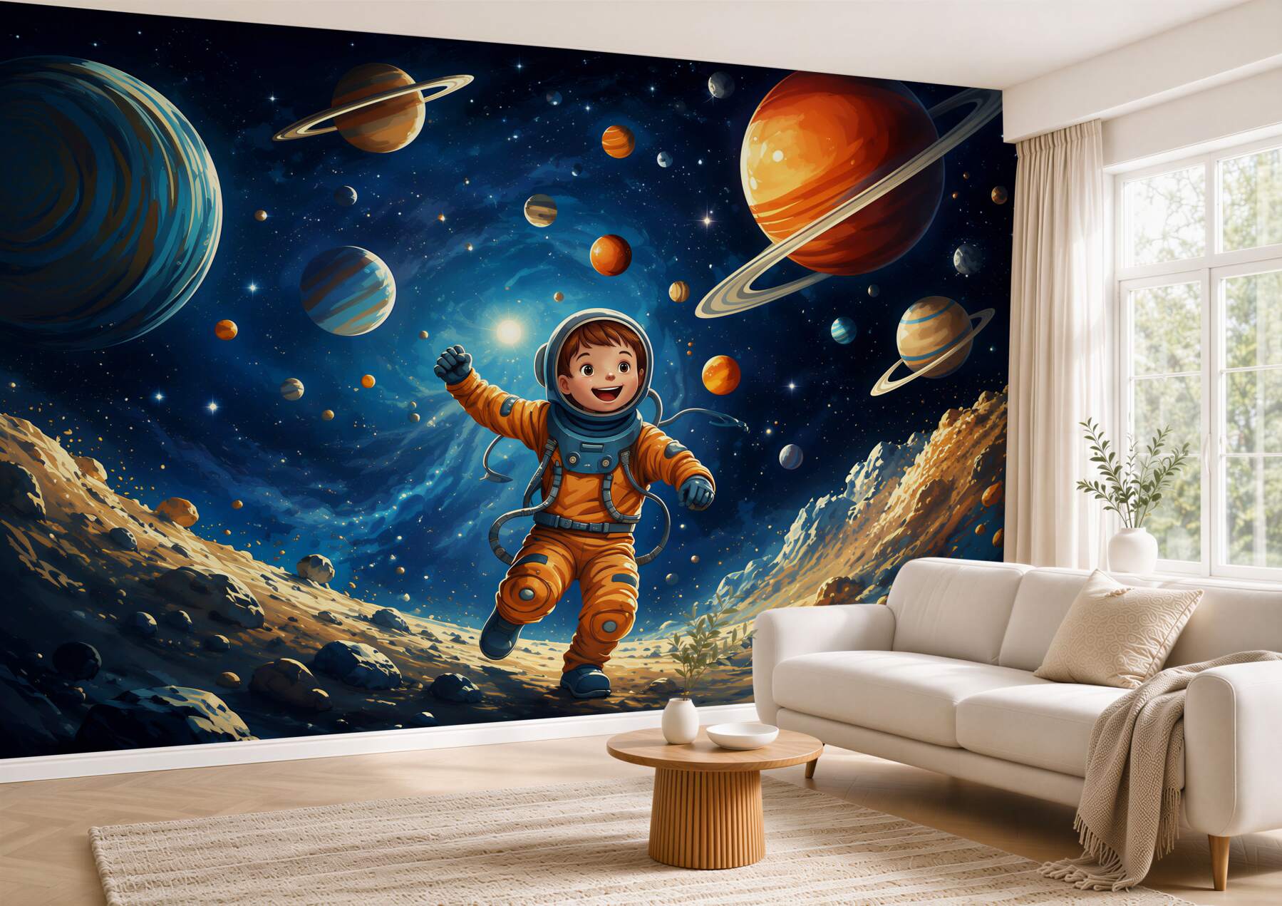 Fotobehang Astronaut in de ruimte met planeten voor de kinderkamer