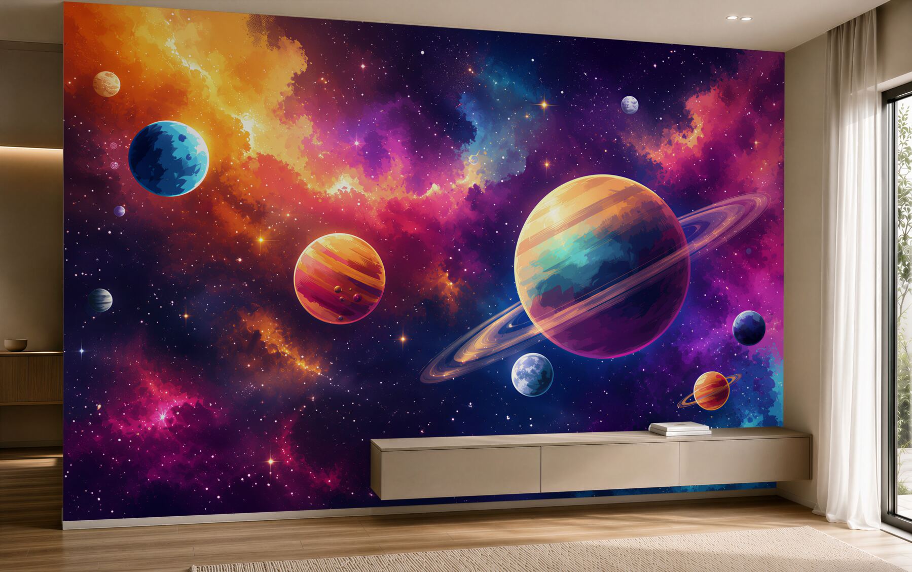 Fotobehang pastel planeten in de wolken van de ruimte voor de kinderkamer