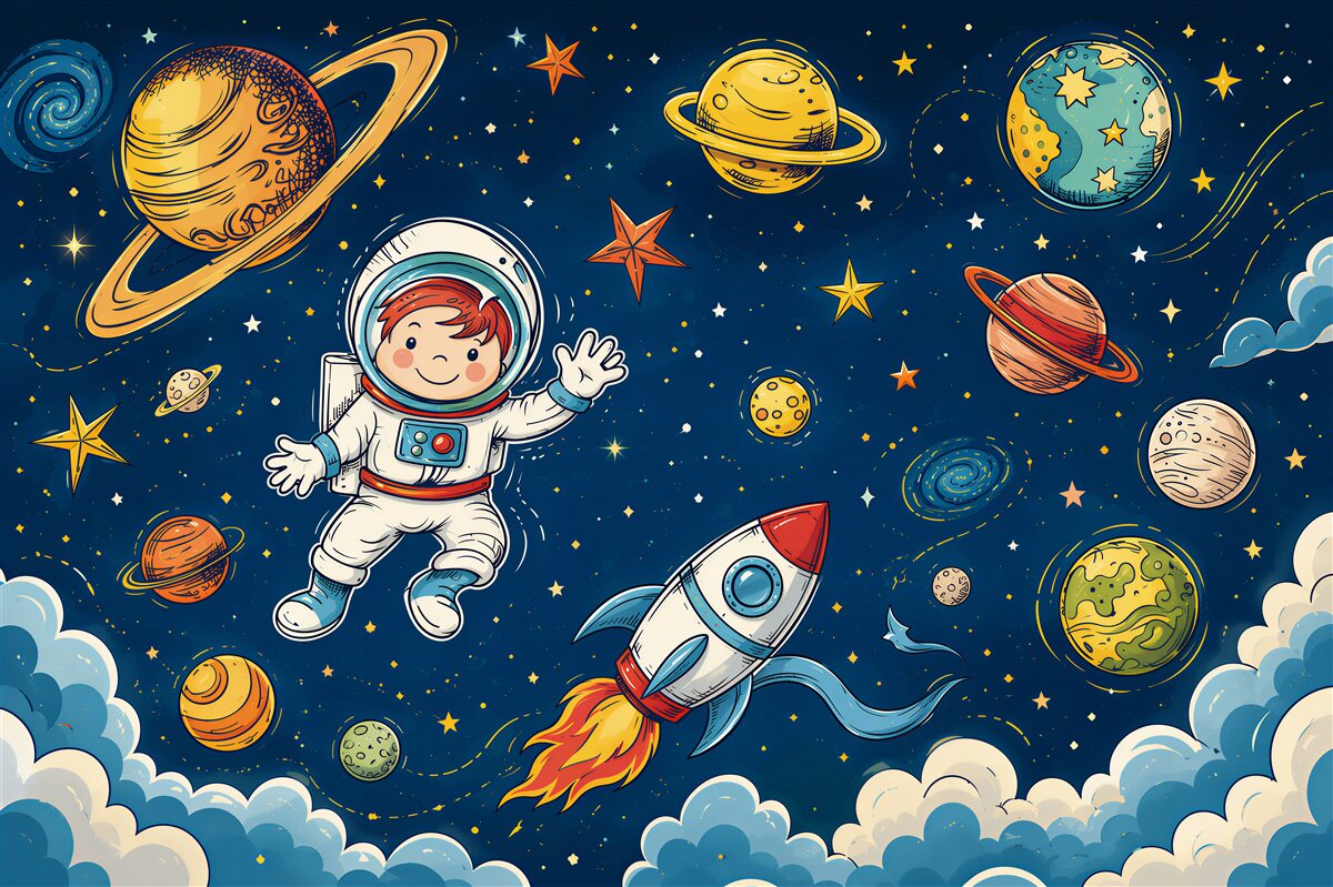 Fotobehang jongen met astronaut, raket en planeet